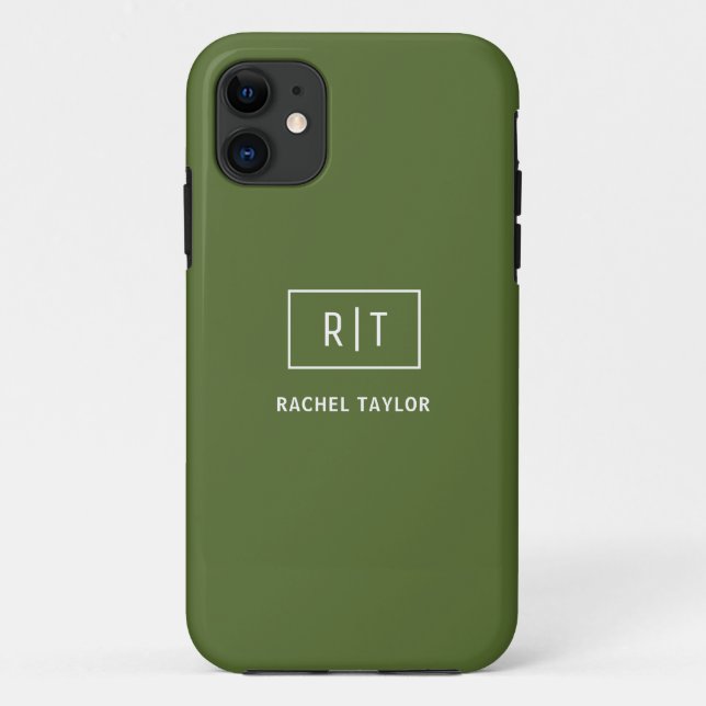 Capa Para iPhone 11 Monograma Moderno em Verde Oliva Escuro (Verso)