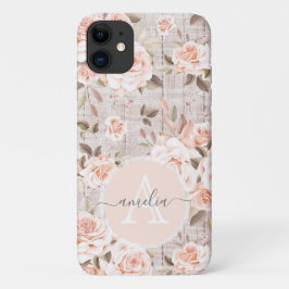 Capa Para iPhone 11 Monograma Nome Madeira russa e Rosas de vinagre Ro