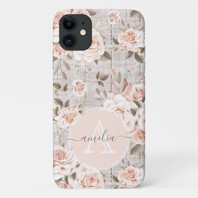 Capa Para iPhone 11 Monograma Nome Madeira russa e Rosas de vinagre Ro (Verso)