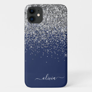 Capa Para iPhone 11 Monograma Nome Menina Brilho Azul Marinho Prata