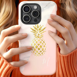 Capa Para iPhone 11 Monograma Pastel Rosa Abacaxi Dourado Mármore Bran