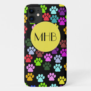 Capa Para iPhone 11 Monograma - patas do cão, traços - verde azul