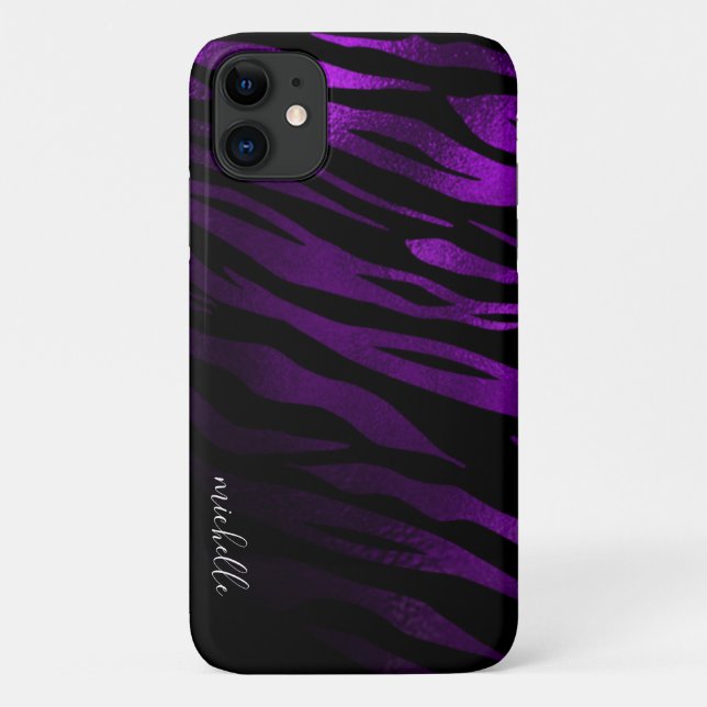 Capa Para iPhone 11 Monograma Personalizado com tiras de Tigre Púrpura (Verso)