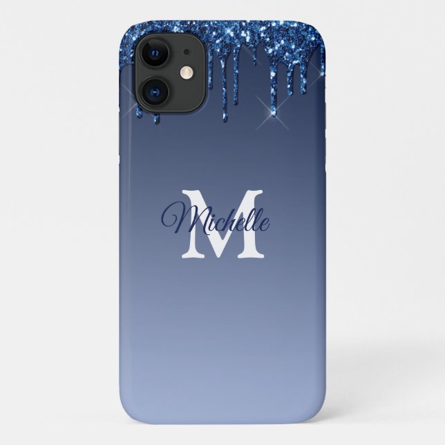Capa Para iPhone 11 Monograma Personalizado de Brilho e Ombre Azul (Verso)