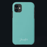 Capa Para iPhone 11 Monograma Personalizado de Cor Sólida Seafoam<br><div class="desc">Capa de telefone Chic de cor sólida no mar,  minha sombra favorita de verde marinho. Uma linda cor lacrimogênea com seu monograma personalizado bonito. Personalize com seu nome em um roteiro branco elegante.</div>