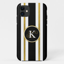 Capa Para iPhone 11 Monograma Personalizado de Stripes Negras e Dourad