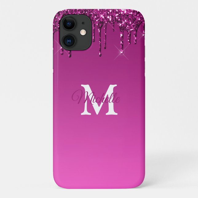 Capa Para iPhone 11 Monograma Personalizado do Glam & Fuchsia Ombre Gl (Verso)