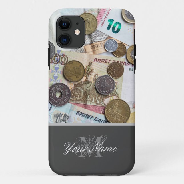 Capa Para iPhone 11 Monograma personalizável com moedas e notas bancár (Verso)