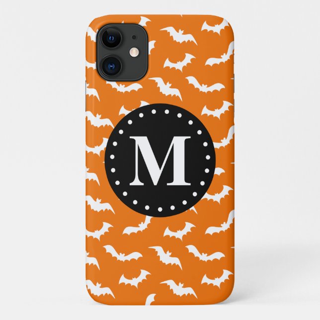 Capa Para iPhone 11 Monograma Preto do Bat do Dia das Bruxas Laranja (Verso)