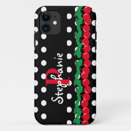 Capa Para iPhone 11 Monograma Red Cherries White Bolinhas Retro
