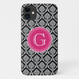 Capa Para iPhone 11 Monograma Rosa Quente-Cor damasco Preto