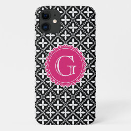 Capa Para iPhone 11 Monograma Rosa Quente, Padrão Floral Preto
