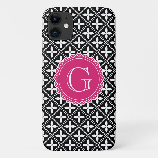 Capa Para iPhone 11 Monograma Rosa Quente, Padrão Floral Preto (Verso)