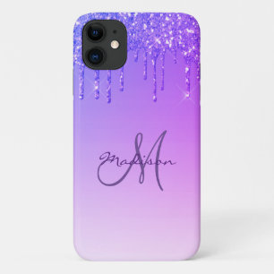 Capa Para iPhone 11 Monograma Roxo Brilhante Glitter Gelado Gelly Tren