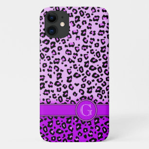 Capa Para iPhone 11 Monograma roxo com estampa de leopardo