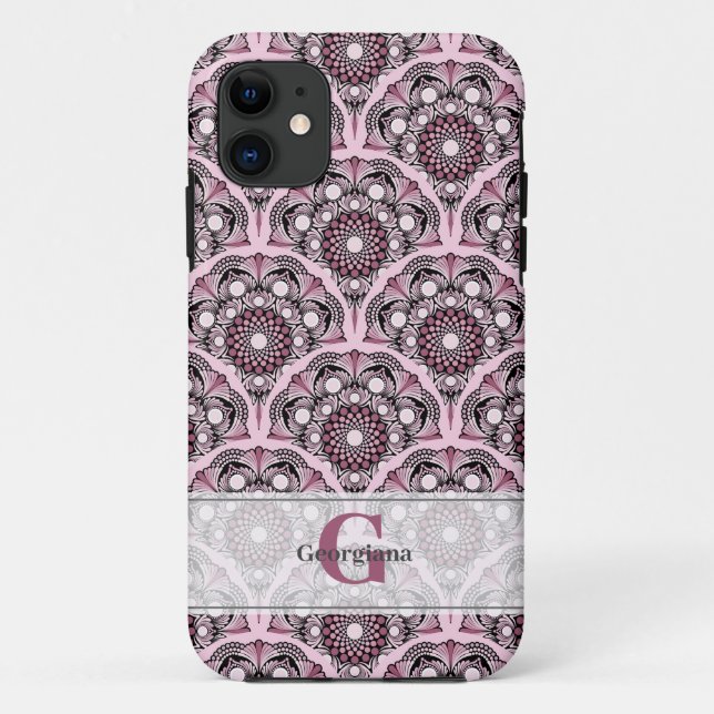 Capa Para iPhone 11 Monogramas Deco Dusky Rosa Cherry Blossom Mandala (Verso)