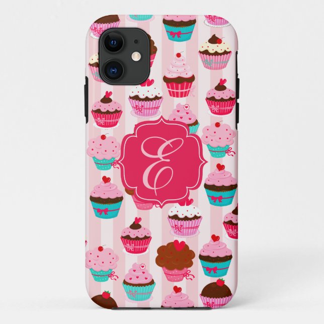 Capa Para iPhone 11 Monogrammed feminino dos cupcakes cor-de-rosa (Verso)