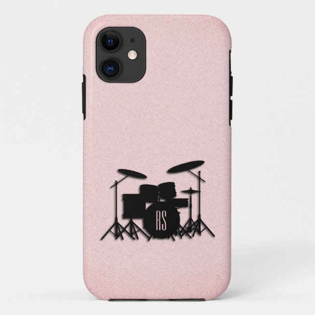 Capa Para iPhone 11 Monogramo Drum Set Music Design Rosa (Verso)