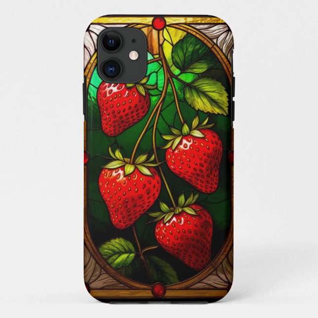 Capa Para iPhone 11 Morangos Vermelhos e Folhagem Verde (Verso)