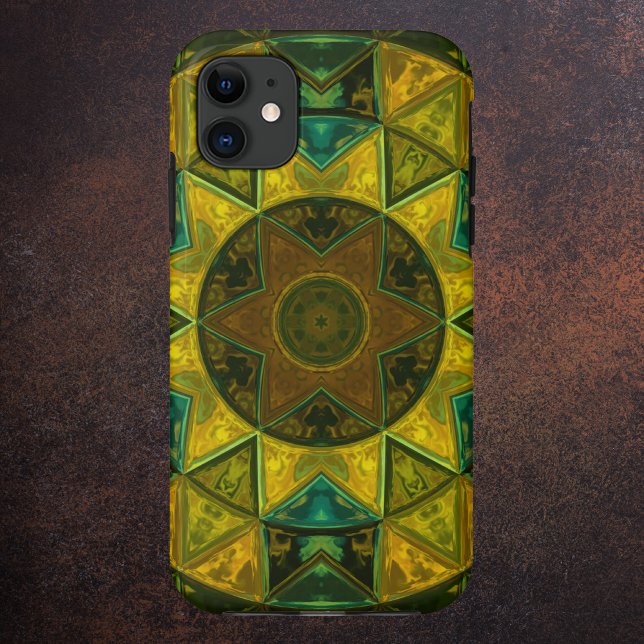 Capa Para iPhone 11 Mosaico Caleidoscópio Flor Amarelo e Verde (Criador carregado)