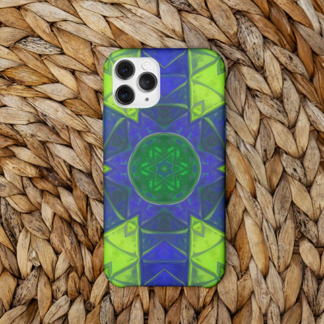 Capa Para iPhone 11 Mosaico Caleidoscópio Flor Azul e Verde (Criador carregado)