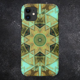 Capa Para iPhone 11 Mosaico Caleidoscópio Flor Verde e Castanho