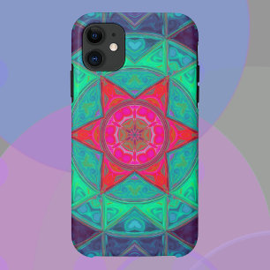 Capa Para iPhone 11 Mosaico Mandala Azul Verde e Vermelho