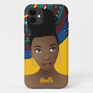 Capa Para iPhone 11 Mulher Negra, Cabelo Natural, Padrão Tribal, Dour