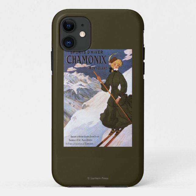 Capa Para iPhone 11 Mulher no poster verde do esqui (Verso)