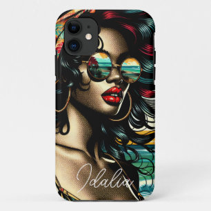 Capa Para iPhone 11 Mulher Retro na Praia Estilo Cômico Pop Art