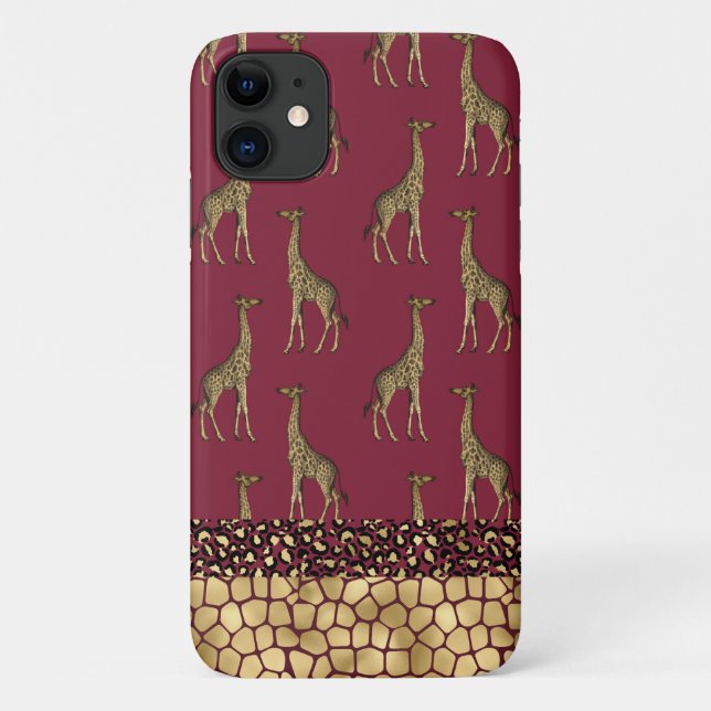 Capa Para iPhone 11 Na moda Burgundy da Giraffe Dourada (Verso)