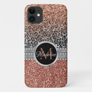 Capa Para iPhone 11 Na moda Glitter Leopard Monograma de Dourada Girly