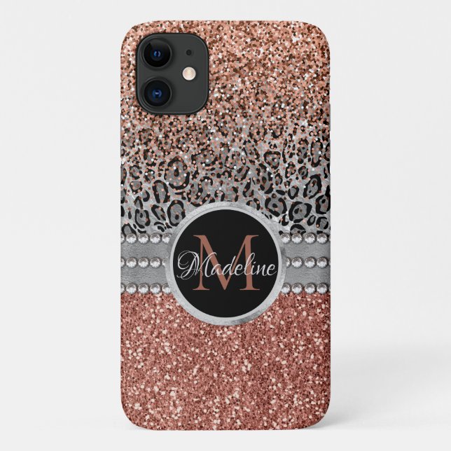 Capa Para iPhone 11 Na moda Glitter Leopard Monograma de Dourada Girly (Verso)