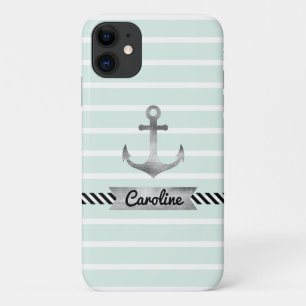 Capa Para iPhone 11 Na moda Mint Verde Stripes Aquarela Âncora