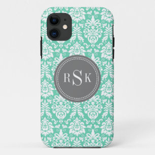 Capa Para iPhone 11 Na moda Monograma Trio Mint Damask