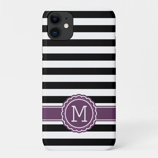Capa Para iPhone 11 Na moda preto White Stripes Roxo Roxo Monograma (Verso)