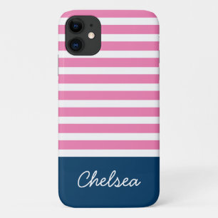 Capa Para iPhone 11 Na moda Rosa Stripes Azul Nome