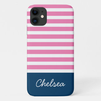 Capa Para iPhone 11 Na moda Rosa Stripes Azul Nome