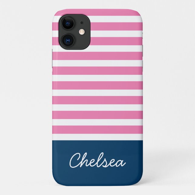 Capa Para iPhone 11 Na moda Rosa Stripes Azul Nome (Verso)