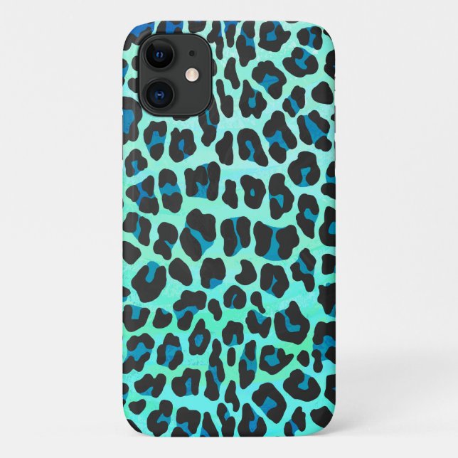 Capa Para iPhone 11 Na moda Teal e Impressão Azul-Leopardo (Verso)