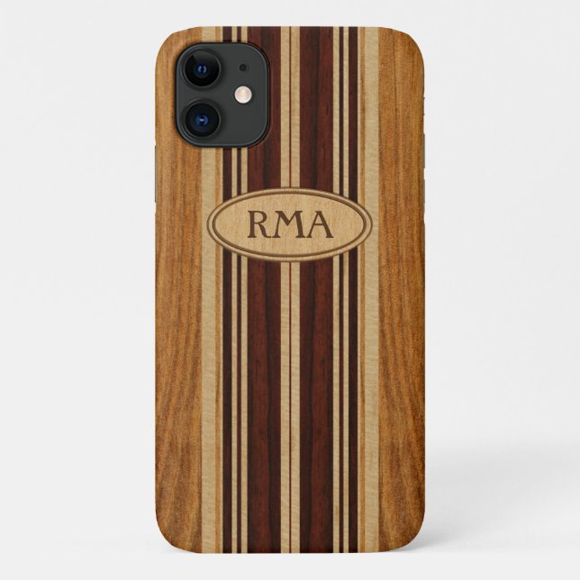 Capa Para iPhone 11 Nalu Lua Faux Koa Wood Monograma Surfboard (Verso)