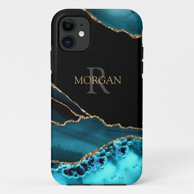 Capa Para iPhone 11 Name & Monogram, Teal Black Agate, Gold Grey Text (Verso)