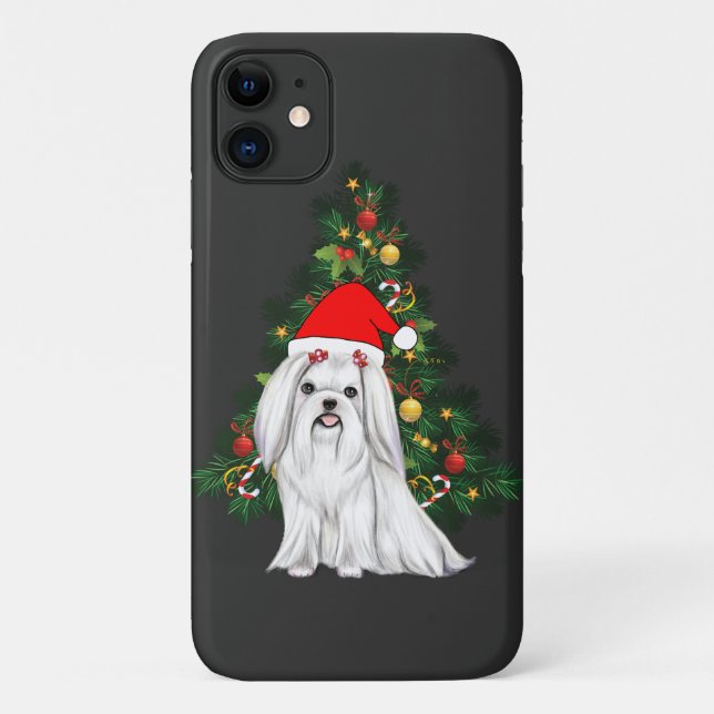 Capa Para iPhone 11 Natal Maltês, Xmas Maltês Cachorro com chapéu de P (Verso)