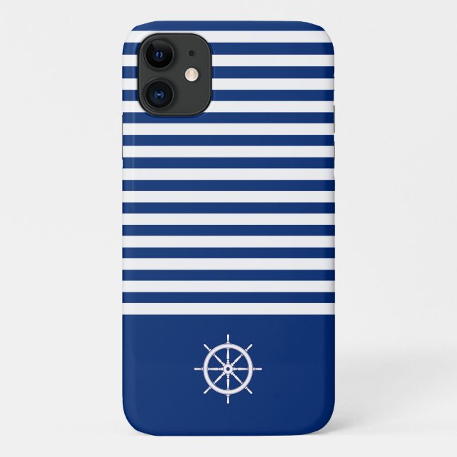 Capa Para iPhone 11 Náuticas+Barras Azul+Branco (Verso)