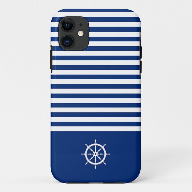 Capa Para iPhone 11 Náuticas+Barras Azul+Branco (Verso)