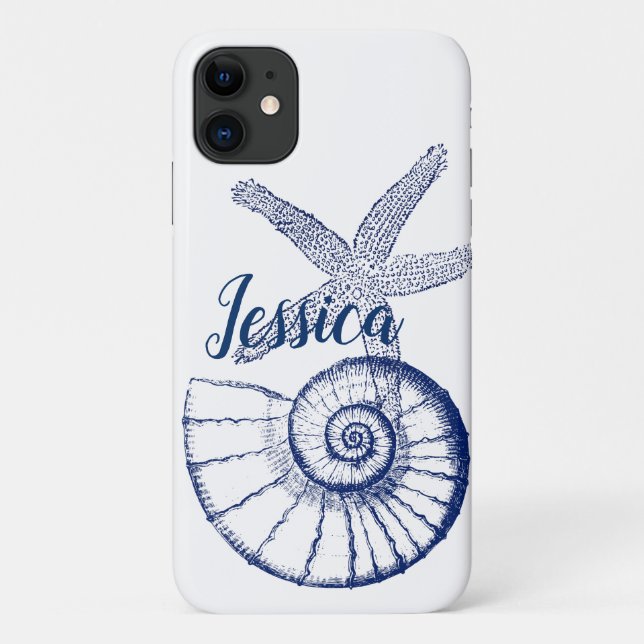 Capa Para iPhone 11 Nautilus Seashell e Starfish Vida Marinha Personal (Verso)