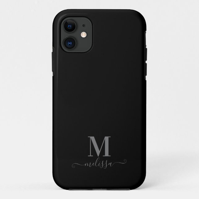 Capa Para iPhone 11 Negra Elegante Moderna e Monograma de Cinzas (Verso)