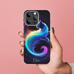 Capa Para iPhone 11 Neon Gato Galático Brilho Cósmico Místico
