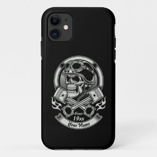 Capa Para iPhone 11 Nome Ano Vintage Biker Skull Pistons Cruzados