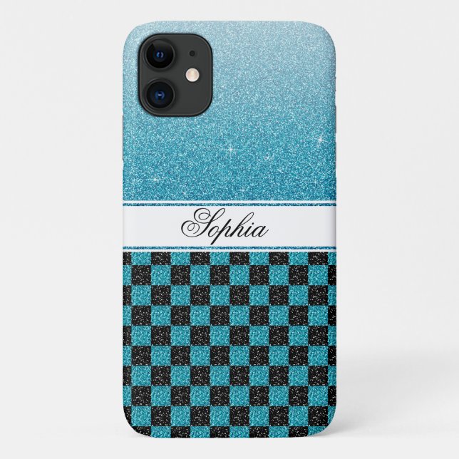 Capa Para iPhone 11 Nome da Glitter de Minigráfico Azul Personalizado (Verso)